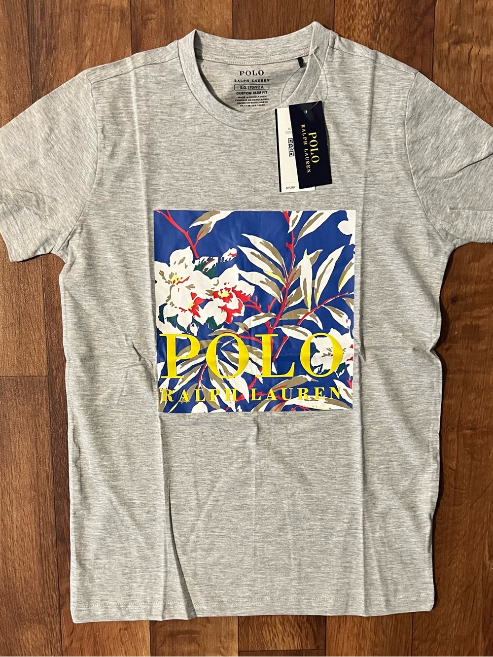 Ralph Lauren Gray Short-Sleeve Tee with Blue Floral Logo